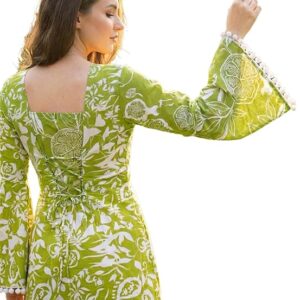 Brand: Generic Women's Premium Viscose Rayon Floral Printed Short Kurti | Stylish Bell Sleeves with Pom-Pom Lace | Teal Blue Tunic Top for Jeans & Office Wear